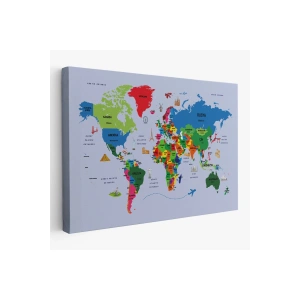 Türkçe Dünya Haritası Kanvas Tablo  Ülke Başkentli ve Ünlü Yerler Sembollü 2704