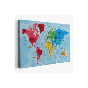 Türkçe Dünya Haritası Sembollü ve Okyanuslu Dekoratif Kanvas Tablo 2480