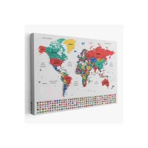 Türkçe Dünya Haritası Son Derece Ayrıntılı Eğitici  ve Bayraklı Kanvas Tablo 2795