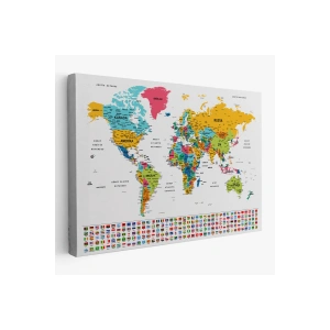 Türkçe Dünya Haritası Son Derece Ayrıntılı Eğitici  ve Bayraklı Kanvas Tablo 2797