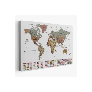 Türkçe Dünya Haritası Son Derece Ayrıntılı Eğitici  ve Bayraklı Kanvas Tablo 2809