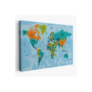 Türkçe Dünya Haritası Ülke Başkentli ve Okyanuslu Dekoratif Kanvas Tablo 2230