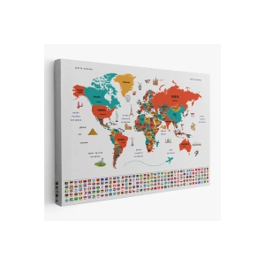 Türkçe Dünya Haritası Ülke Bayrak ve Başkentli Kanvas Tablo 1922