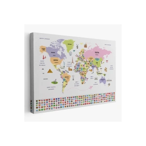 Türkçe Dünya Haritası Ülke Bayrak ve Başkentli Kanvas Tablo 1924