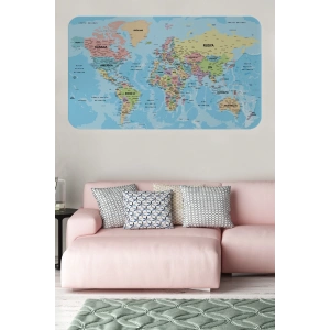 Türkçe Eğitici Ülke ve Başkent Okyanus Detaylı Atlası  Dünya Haritası Duvar Sticker -60x105-3869