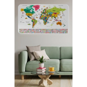 Türkçe Ülke Bayrak lı Eğitici Başkent Detaylı Atlası Dünya Haritası Duvar Sticker -60x105-3841
