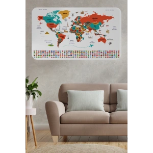 Türkçe Ülke Bayrak lı Eğitici Başkent Detaylı Atlası Dünya Haritası Duvar Sticker -60x105-3858