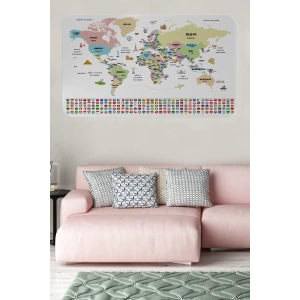 Türkçe Ülke Bayrak lı Eğitici Başkent Detaylı Atlası Dünya Haritası Duvar Sticker -60x105-3859