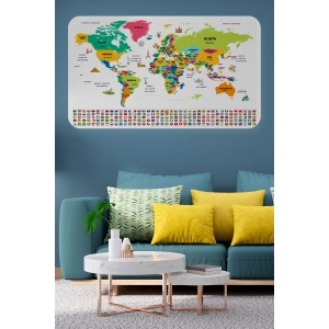 Türkçe Ülke Bayrak lı Eğitici Başkent Detaylı Atlası Dünya Haritası Duvar Sticker -60x105-3860