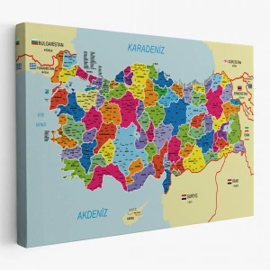 Türkiye Haritası Kanvas Tablo İl ve İlçeli Ayrıntılı Eğitici Komşulu Dekoratif Tablo 3005