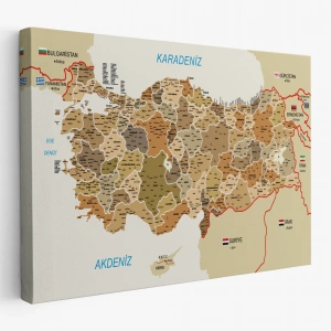 Türkiye Haritası Kanvas Tablo İl ve İlçeli Ayrıntılı Eğitici Komşulu Dekoratif Tablo 3020