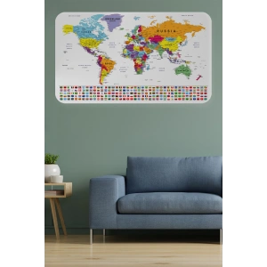 Ülke Bayrak lı Eğitici Başkent Detaylı Atlası Dünya Haritası Duvar Sticker -60x105-3848