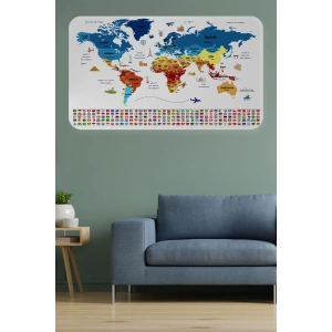 Ülke Bayrak lı Eğitici Başkent Detaylı Atlası Dünya Haritası Duvar Sticker -60x105-3857