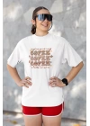 Unisex Cofee Yazı Baskılı Hippie Beyaz Basic Tshirt