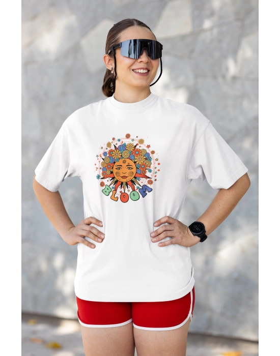 Unisex Bloom Sunny Baskılı Hippie Beyaz Basic Tshirt