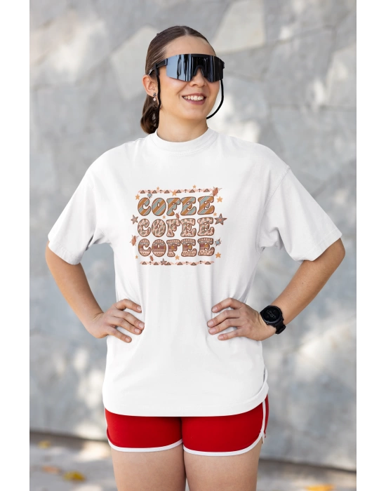 Unisex Cofee Yazı Baskılı Hippie Beyaz Basic Tshirt