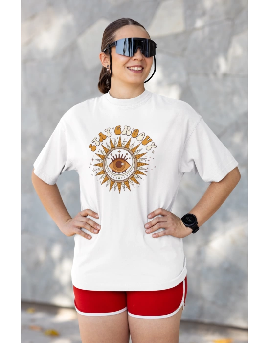 Unisex Stay Groovy Baskılı Hippie Beyaz Basic Tshirt