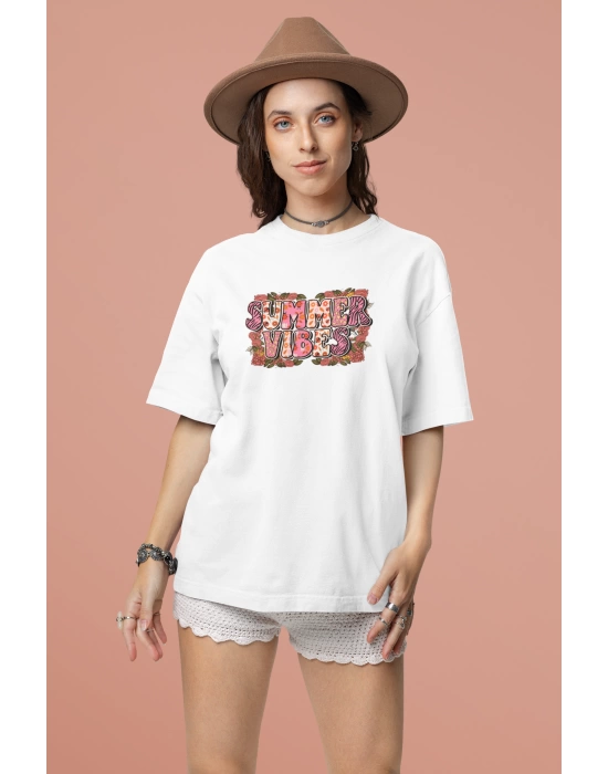 Unisex Summer Vibes Yazı Baskılı Bohem Beyaz Basic Tshirt