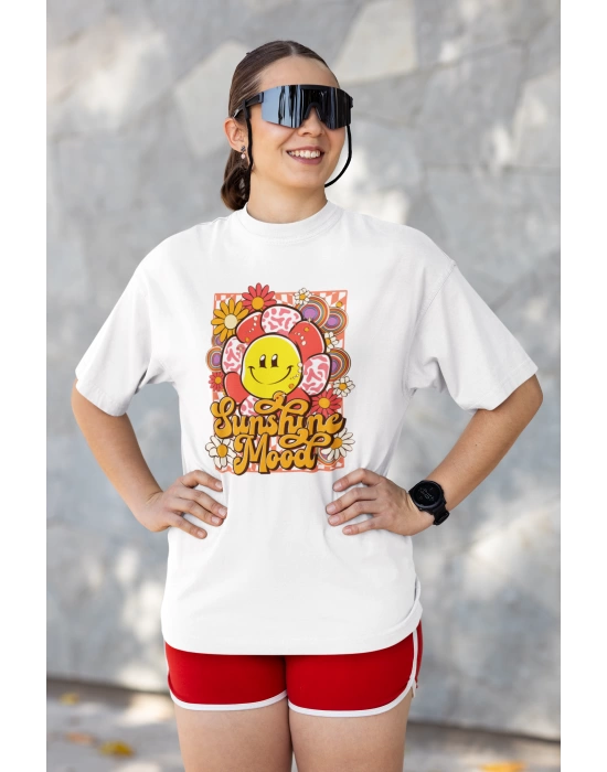 Unisex Sunshine Mood Yazı Baskılı Hippie Beyaz Basic Tshirt