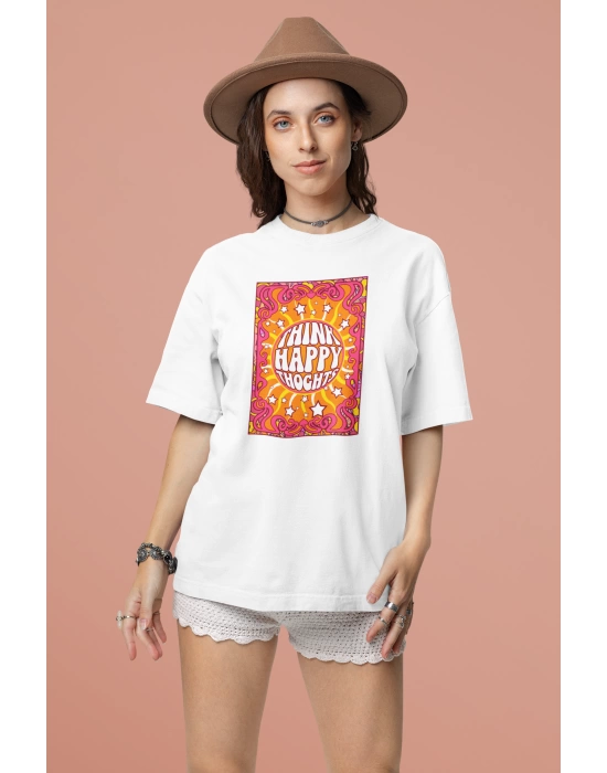 Unisex Think Happy Thoughts Baskılı Bohem Beyaz Basic Tshirt