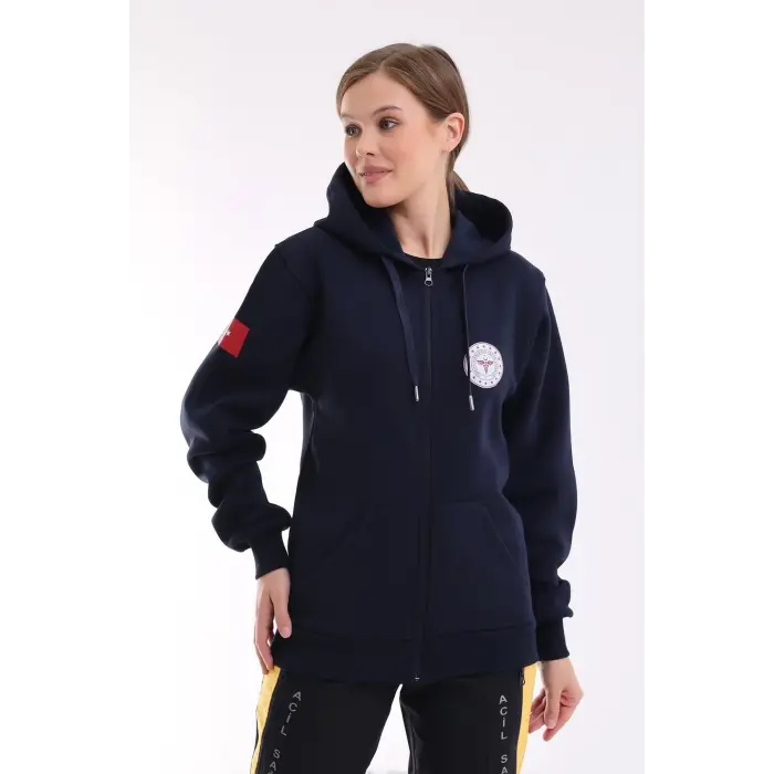 112 Acil Sağlık Unisex Kapşonlu Hırka - Lacivert