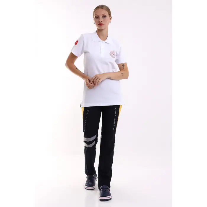 112 Acil Sağlık Yakalı Tshirt Kısa Kol Baskılı - Beyaz