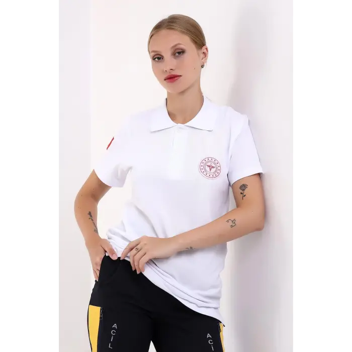 112 Acil Sağlık Yakalı Tshirt Kısa Kol Baskılı - Beyaz
