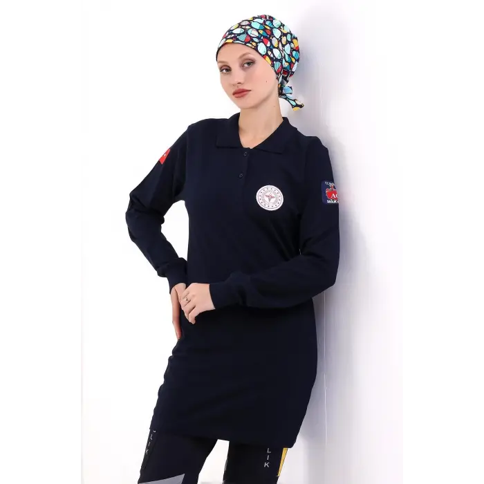 112 Acil Sağlık Yakalı Tshirt Tunik Baskılı - Lacivert