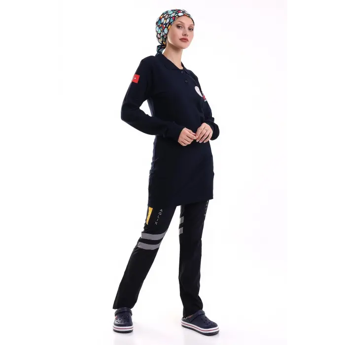 112 Acil Sağlık Yakalı Tshirt Tunik Baskılı - Lacivert