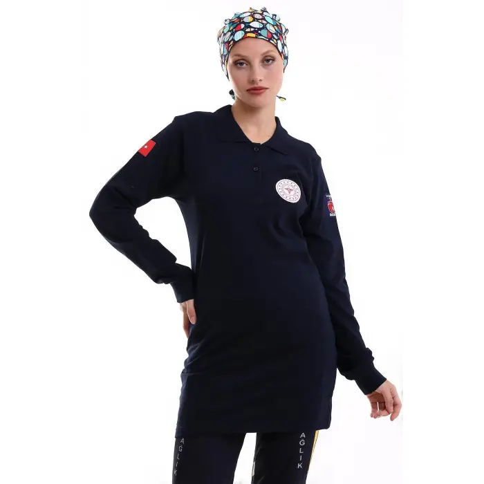 112 Acil Sağlık Yakalı Tshirt Tunik Baskılı - Lacivert