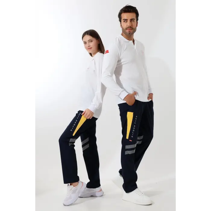 112 Acil Sağlık Yakalı Tshirt Uzun Kol Baskılı - Beyaz