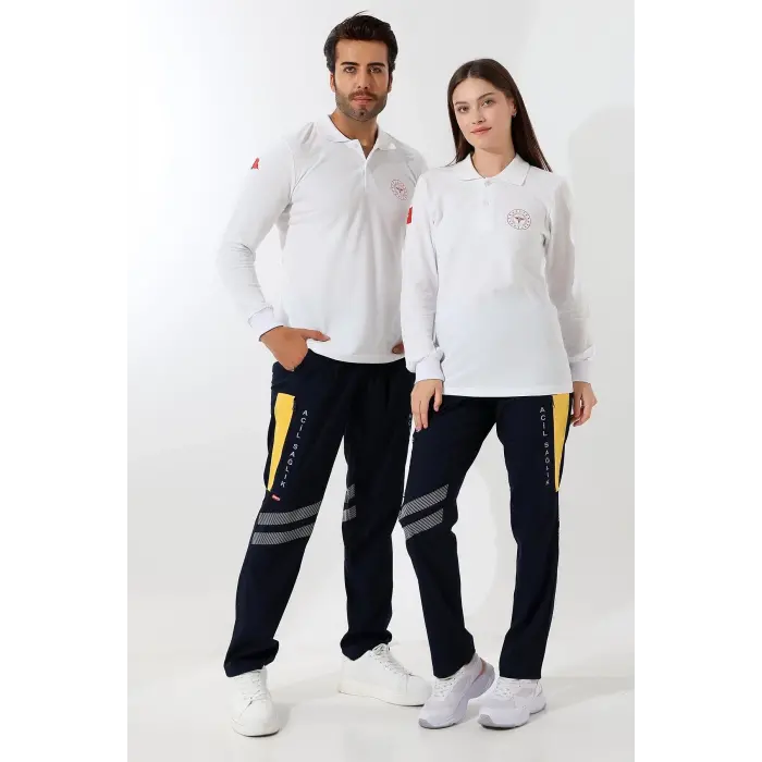 112 Acil Sağlık Yakalı Tshirt Uzun Kol Baskılı - Beyaz