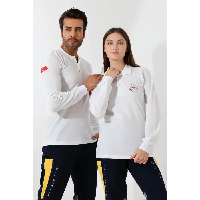 112 Acil Sağlık Yakalı Tshirt Uzun Kol Baskılı - Beyaz