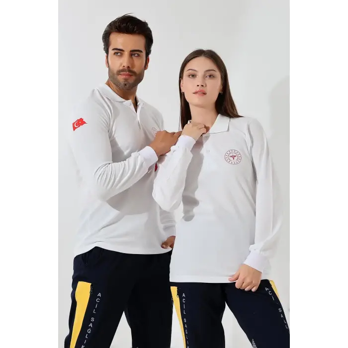 112 Acil Sağlık Yakalı Tshirt Uzun Kol Baskılı - Beyaz