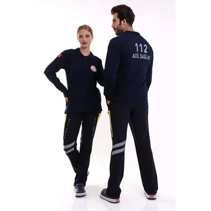 112 Acil Sağlık Yakalı Tshirt Uzun Kol Baskılı - Lacivert