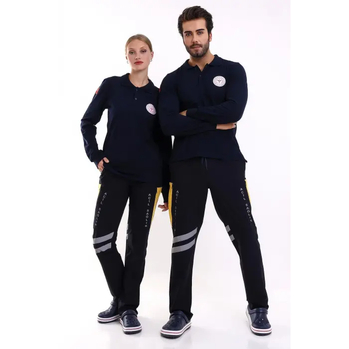 112 Acil Sağlık Yakalı Tshirt Uzun Kol Baskılı - Lacivert