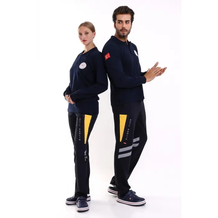 112 Acil Sağlık Yakalı Tshirt Uzun Kol Baskılı - Lacivert