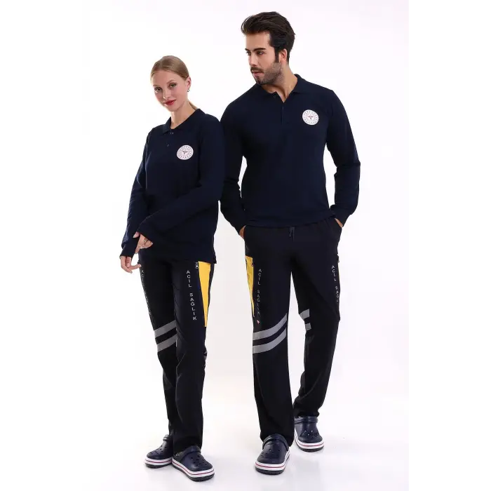 112 Acil Sağlık Yakalı Tshirt Uzun Kol Baskılı - Lacivert