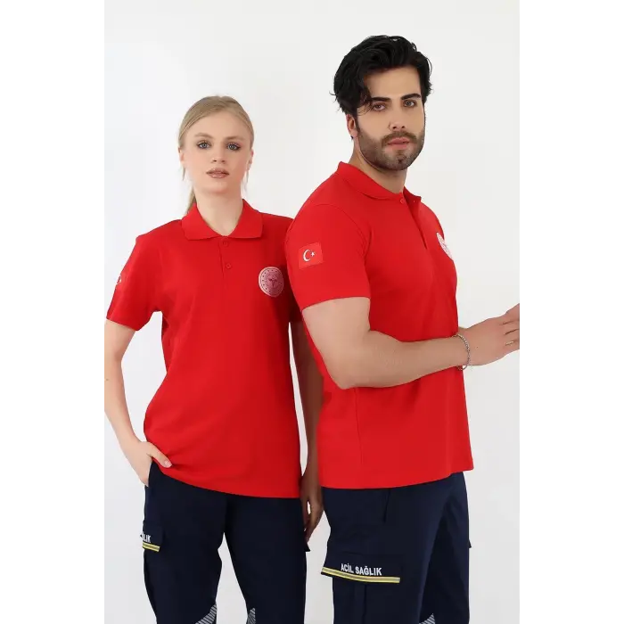 Acil Sağlık Yakalı Tshirt Kısa Kol Nakışlı - Kırmızı