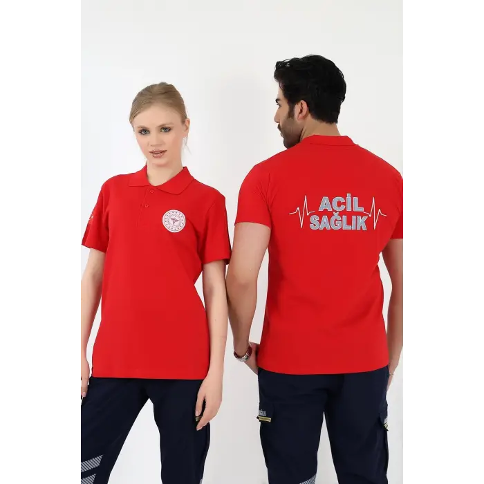 Acil Sağlık Yakalı Tshirt Kısa Kol Nakışlı - Kırmızı