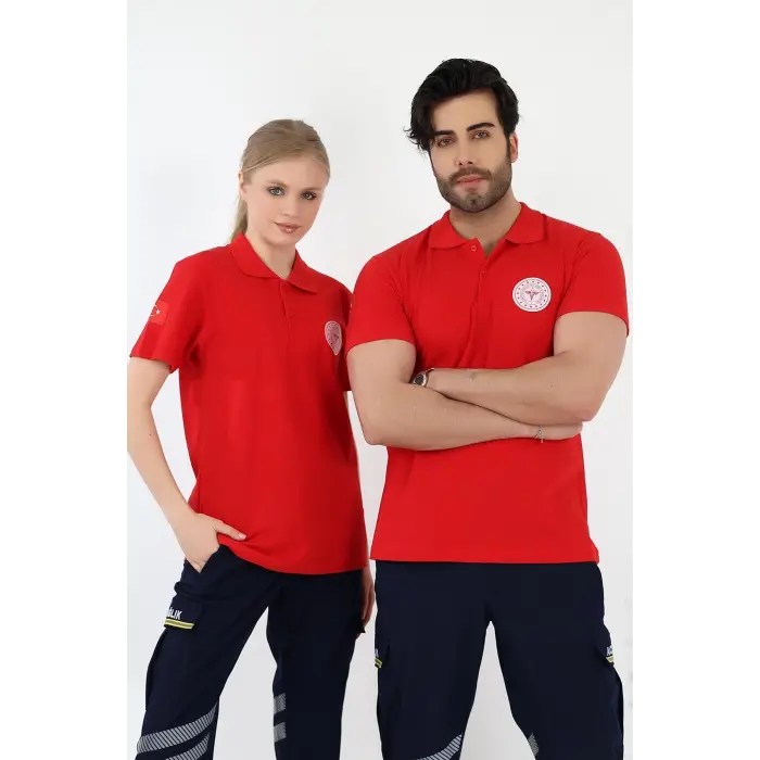Acil Sağlık Yakalı Tshirt Kısa Kol Nakışlı - Kırmızı