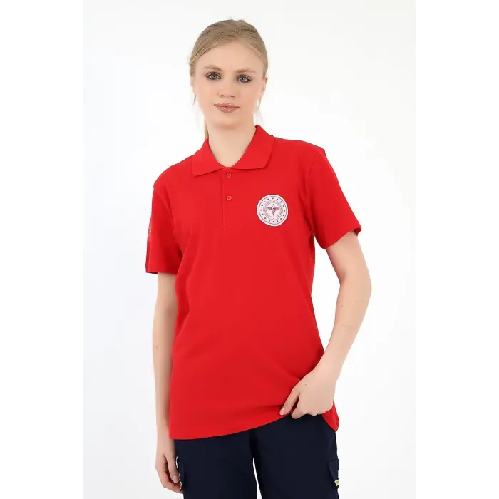 Acil Sağlık Yakalı Tshirt Kısa Kol Nakışlı - Kırmızı