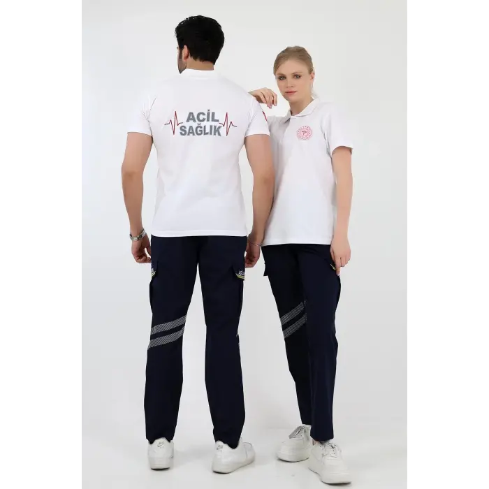 Acil Sağlık Yakalı Unisex Tshirt Kısa Kol Nakışlı - Beyaz