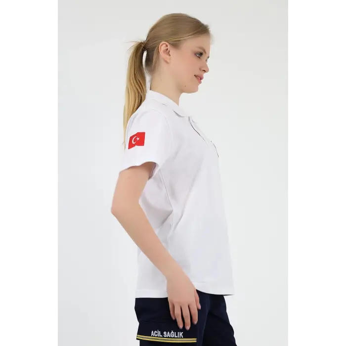 Acil Sağlık Yakalı Unisex Tshirt Kısa Kol Nakışlı - Beyaz