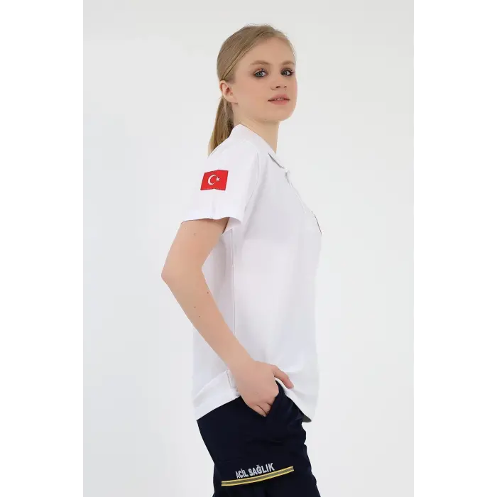 Acil Sağlık Yakalı Unisex Tshirt Kısa Kol Nakışlı - Beyaz