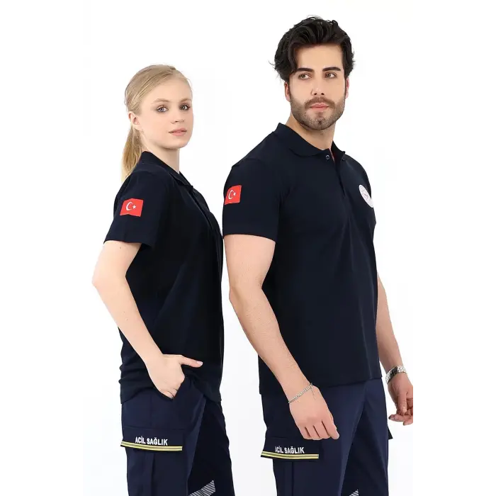 Acil Sağlık Yakalı Unisex Tshirt Kısa Kol Nakışlı - Lacivert