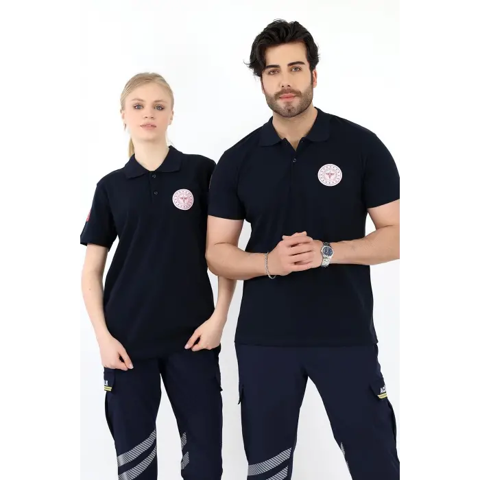 Acil Sağlık Yakalı Unisex Tshirt Kısa Kol Nakışlı - Lacivert