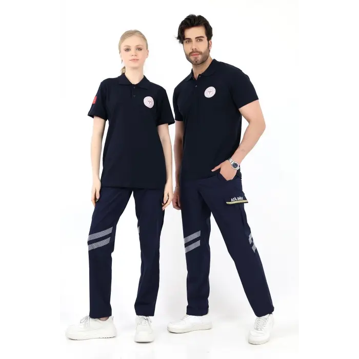 Acil Sağlık Yakalı Unisex Tshirt Kısa Kol Nakışlı - Lacivert