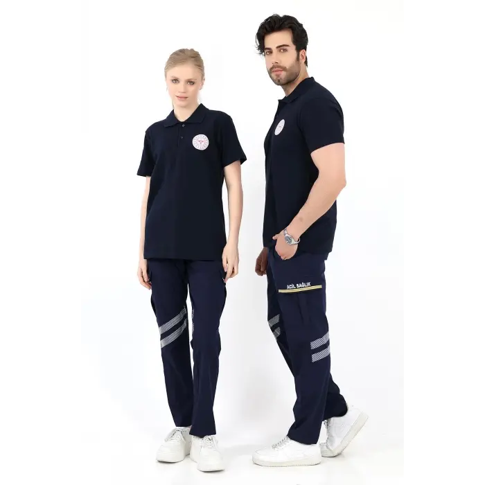 Acil Sağlık Yakalı Unisex Tshirt Kısa Kol Nakışlı - Lacivert