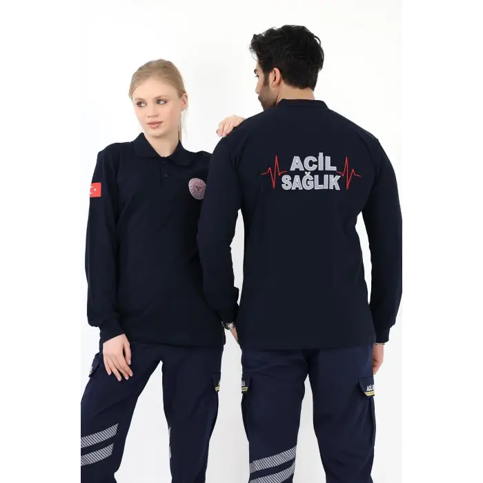 Acil Sağlık Yakalı Unisex Tshirt Uzun Kol Nakışlı - Lacivert